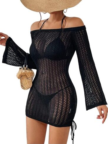 SISKIN Women's Bathing Suit Beach Cover Up Crochet Knit Tops Mesh Hollow Out Dress Drawstring Without Sexy Bikini in Saudi Arabia