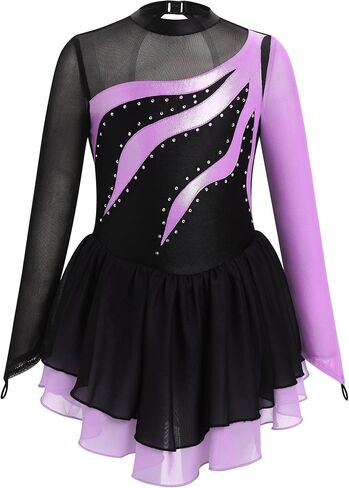AFAVOM Figure Skating Dress for Girls Long Sleeve Mesh Rhinestones Ice Skating Dresses Ballet Leotard Competition Dancewear in Saudi Arabia