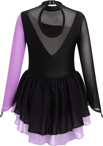 AFAVOM Figure Skating Dress for Girls Long Sleeve Mesh Rhinestones Ice Skating Dresses Ballet Leotard Competition Dancewear in Saudi Arabia