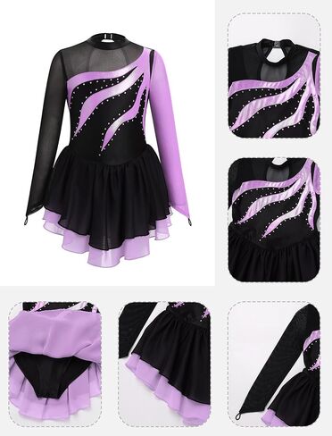 AFAVOM Figure Skating Dress for Girls Long Sleeve Mesh Rhinestones Ice Skating Dresses Ballet Leotard Competition Dancewear in Saudi Arabia