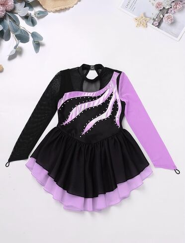 AFAVOM Figure Skating Dress for Girls Long Sleeve Mesh Rhinestones Ice Skating Dresses Ballet Leotard Competition Dancewear in Saudi Arabia