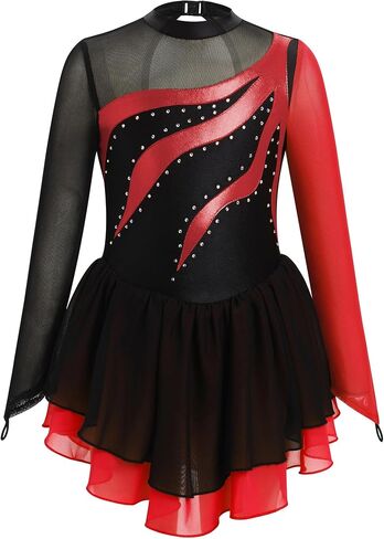 AFAVOM Figure Skating Dress for Girls Long Sleeve Mesh Rhinestones Ice Skating Dresses Ballet Leotard Competition Dancewear in Saudi Arabia