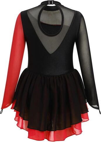 AFAVOM Figure Skating Dress for Girls Long Sleeve Mesh Rhinestones Ice Skating Dresses Ballet Leotard Competition Dancewear in Saudi Arabia