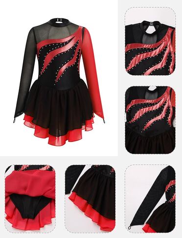 AFAVOM Figure Skating Dress for Girls Long Sleeve Mesh Rhinestones Ice Skating Dresses Ballet Leotard Competition Dancewear in Saudi Arabia