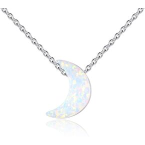 White Synthetic Opal Crescent Moon Pendant Necklace Sterling Silver Cable Chain Adjustable 16-17-18 Inch