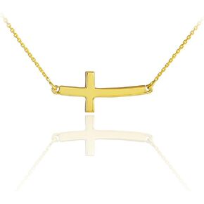 14K White or Yellow Gold Sideways Curved Cross Necklace - Choice of Metal Color and Necklace Length