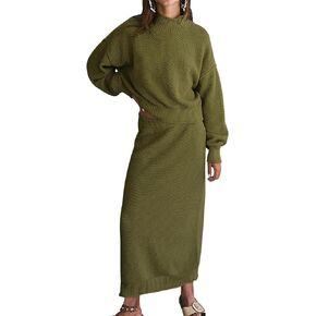 Womens 2 Piece Waffle Knit Lounge Outfits Turtleneck Pullover Sweater High Waist Long Pencil Skirt Set