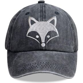 Animal Fox Head Hat, Adjustable Washed Cotton 3D Embroidered Baseball Cap for Wildlife Animal Fox Lover