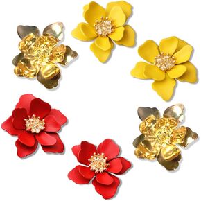2 Pairs Chic Boho Matte Flower Statement Stud Earrings Set with Gold Flower Bud for Women Sister Mom Lover and Friends