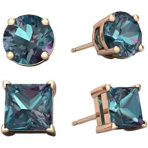 Paris Jewelry 18k Rose Gold 2 Pair Created Alexandrite 6mm Round & Princess Cut Stud Earrings Plated