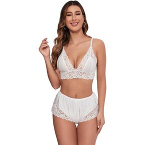 SweatyRocks Women's 2 Piece Pajama Sets Floral Lace Lingerie Set Bralettes Bra and Shorts Sleepwear Nightwear
