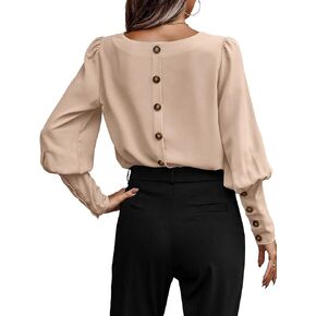 Vrtige Women's Elegant Button Back Crewneck Leg of Mutton Sleeve Office Blouse Shirt Top