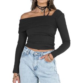LOFAAC Women Sexy One Off Shoulder Crop Tops Slim Fit Long Sleeve Ruched Going Out Crop Shirt Y2K Club Blouse Shirts