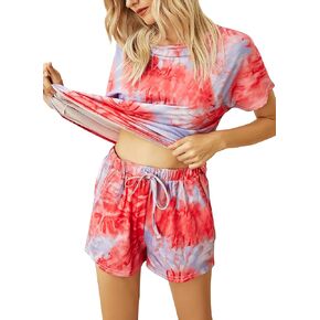 HOCOSIT Womens Tie Dye Printed Pajamas Short Sleeve Tops and Shorts Set Sleepwear 2 Piece Pjs Sets Loungewear in Kuwait