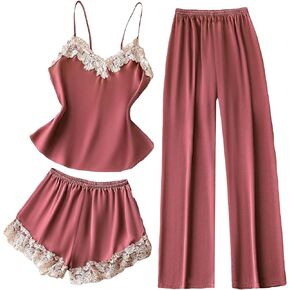 WDIRARA Women's 3 Piece Satin Pajama Set Floral Lace Sleeveless Cami Top and Shorts Sleepwear with Long Pants