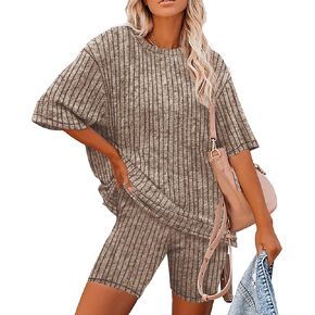 Bestshow Ribbed Knit Lounge Set for Women Pajama Set 2 Piece Outfits Oversized T-Shirt and Biker Shorts Set