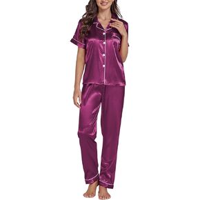 LYANER Women's Satin Button Down 2 Pieces Pajamas Set Short Sleeve Sleepwear Pjs Loungewear Nightwear With Long Pants