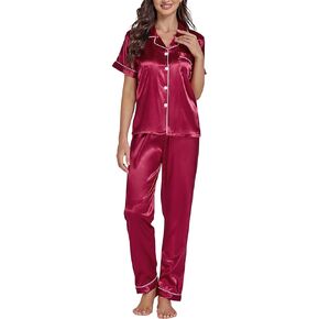 LYANER Women's Satin Button Down 2 Pieces Pajamas Set Short Sleeve Sleepwear Pjs Loungewear Nightwear With Long Pants