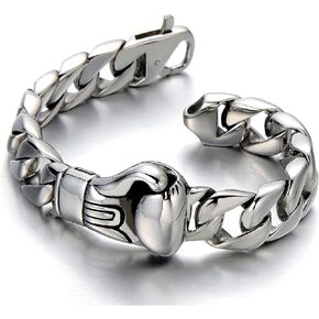 Unique Mens Stainless Steel Curb Chain Link Bracelet with Boxing Glove Silver Color Polished
