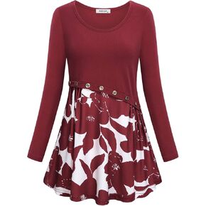 AxByCzD Women's Long Sleeve Color Block Flare Floral Printed Tunic
