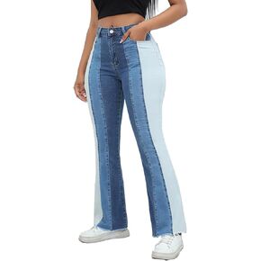 Patchwork Bell Bottom Jeans for Women Elastic High Waisted Classic Flared Pants Denim Pants