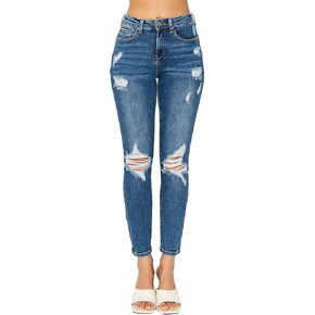 جينز Wax Jean النسائي I Love You Push Up من قماش الدنيم الضيق عالي الارتفاع مع قطع ممزقة