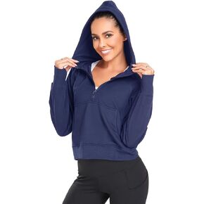 AGVNG Womens 1/2 Zip Hoodies Half Zip Pullover Loose Sweatshirts Thumb Hole Pocket Long Sleeve Crop Tops