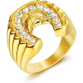 LAIMIUMIU33 CZ U-Shape Horseshoe Ring for men Lucky Horse Head Ring Radiant Diamond Bling Biker 316 Stainless Steel Rings Iced Out Jewelry Punk Ring Hip Hop Heavy Metal Ring Vintage Animal rings mens fashion rings