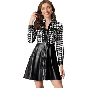 Allegra K Women's PU Faux Leather Houndstooth Patchwork Zipper Up Club Party A-Line Dress