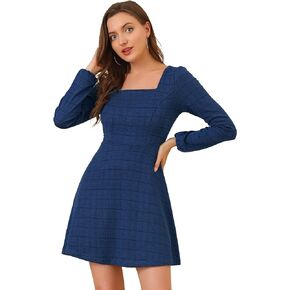Allegra K Women's Fall Vintage Square Neck Long Sleeve Plaid Dress