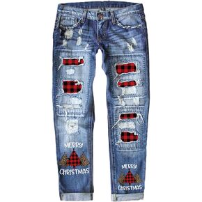 Women's Ripped Boyfriend Jeans Distressed Washed Christmas Patch Print Denim Pants