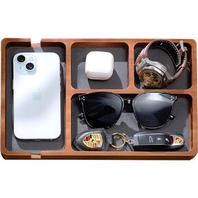 Shinpuru Premium Men's Wooden Valet Tray with Leather Inlay - Nightstand & Desk Organizer - EDC Essentials Catchall Tray for Keys, Phone, Wallet, Watch, Earbuds - Stylish Storage