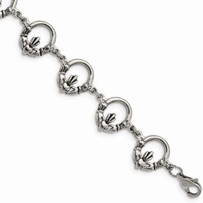 Solid Stainless Steel Celtic Irish Claddagh Bracelet - with Secure Lobster Lock Clasp 7.25"