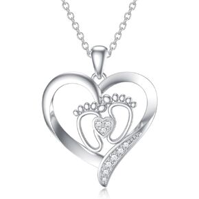 Diamond Baby Feet Necklaces for Women 925 Sterling Silver Mother Heart Pendant Baby Footprint Necklace for Mom-to-Be Gifts Diamond Jewelry