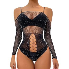 OYOANGLE Women's Fishnet Teddy Lingerie Floral Lace Backless Long Sleeve One Piece Bodysuit