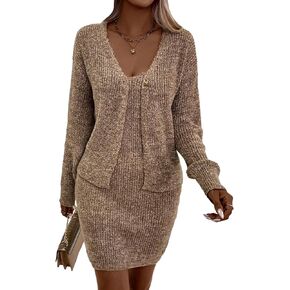 SHENHE Women's 2 Piece Outfits Button Down V Neck Cardigan and Sleeveless Mini Sweater Dress