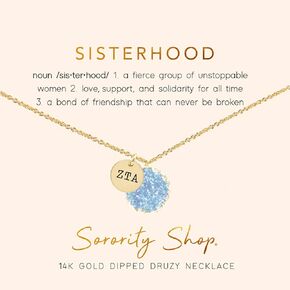 Sorority Shop ZTA Necklace - Zeta Tau Alpha Blue Druzy Gemstone Necklace With Engraved Pendant – 14K Gold Dipped Jewelry with Blue Gemstone – Sorority Gift, Charm Paraphernalia