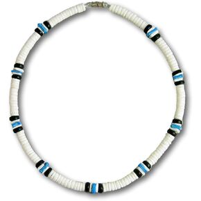 Unisex Adult Summer Beach Surfer Necklace From the Philippines, White Clam Heishe Ark Shells, Blue Chips, Black Coconut Beads