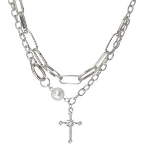 Cross Necklace Cross Double Layered Pendant Cross Layering Choker Linear Paperclip Chain Thick Short Metal Necklace Flat Chain Simple Paper Clip Twisted Necklace Jewelry for Women Girls