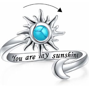 Anxiety Rings for Women S925 Sterling Silver Created Moonstone Opal Turquoise Sun Star and Moon Spinner Ring Adjustable Open Stress Relieving Ring Jewelry Gift for Women Men Teenage,7#