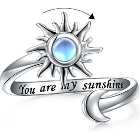 Anxiety Rings for Women S925 Sterling Silver Created Moonstone Opal Turquoise Sun Star and Moon Spinner Ring Adjustable Open Stress Relieving Ring Jewelry Gift for Women Men Teenage,7#