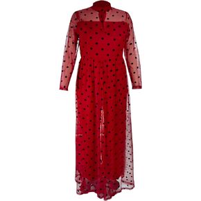 Cololura Women's Jumpsuit High Waist Wave Point Long Sleeve Splicing Perspective Mesh Skirt Formal Gown Party Dress