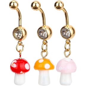 USHOBE Belly Button Ring Dangle Curved Navel Barbells Bar 3Pcs Mushroom Earrings Eyebrow Rings Piercing Jewelry for Women, 4.56x1CM, resin, alloy in Kuwait