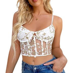 Segreto Women's Floral Embroidered Bustier Sheer Mesh Corset Tops Spaghetti Strap Boned Crop Top Party ClubWear