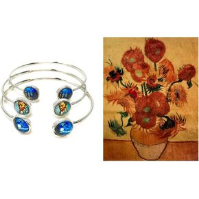 اساور فنية بتصميم ليلة مليئة بالنجوم وبورتريه مع قطعة قماش للتنظيف من ثري فان جوخ (فضي)، مقاس M، زجاج, Medium, زجاج in Kuwait