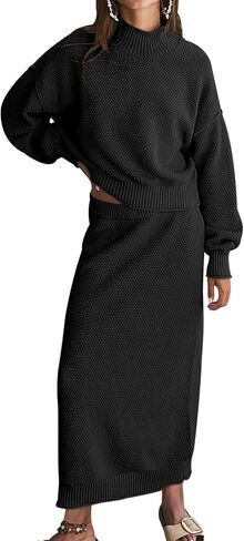 Womens 2 Piece Waffle Knit Lounge Outfits Turtleneck Pullover Sweater High Waist Long Pencil Skirt Set in Saudi Arabia