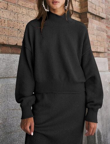Womens 2 Piece Waffle Knit Lounge Outfits Turtleneck Pullover Sweater High Waist Long Pencil Skirt Set in Saudi Arabia