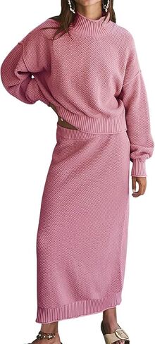 Womens 2 Piece Waffle Knit Lounge Outfits Turtleneck Pullover Sweater High Waist Long Pencil Skirt Set in Saudi Arabia
