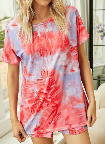 HOCOSIT Womens Tie Dye Printed Pajamas Short Sleeve Tops and Shorts Set Sleepwear 2 Piece Pjs Sets Loungewear in Kuwait
