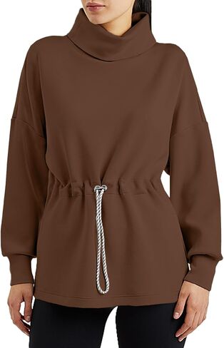 Fisoew Womens Turtleneck Sweatshirt Long Sleeve Side Split Pullover Tops for Leggings with Drawstring Waist in Saudi Arabia